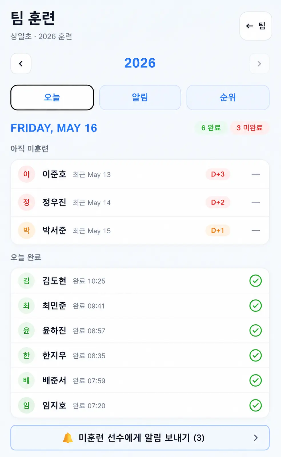 미훈련 선수 알림 발송 화면